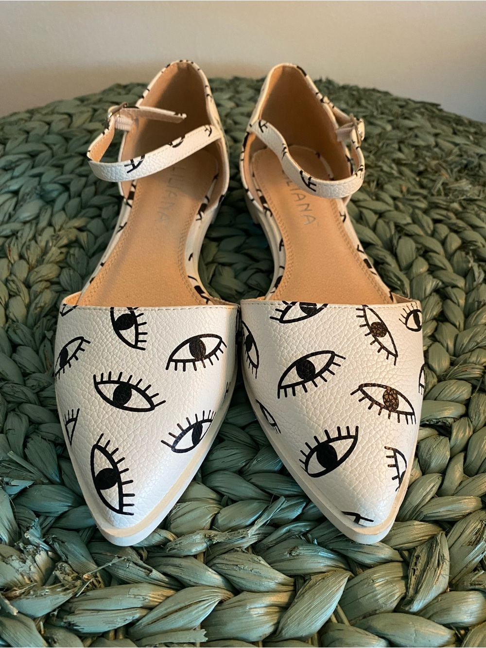 White & Black evil Eye Pointed D'Orsay Flats with Ankle Strap